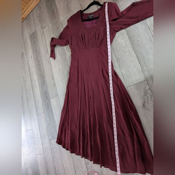 Nostalgia Burgundy Crimson Sheer Sleeve Empire Waist 90s Dress Size Small - Picture 4 of 9